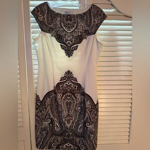 London Times Strapless Dress with Black Paisley on White size 10
